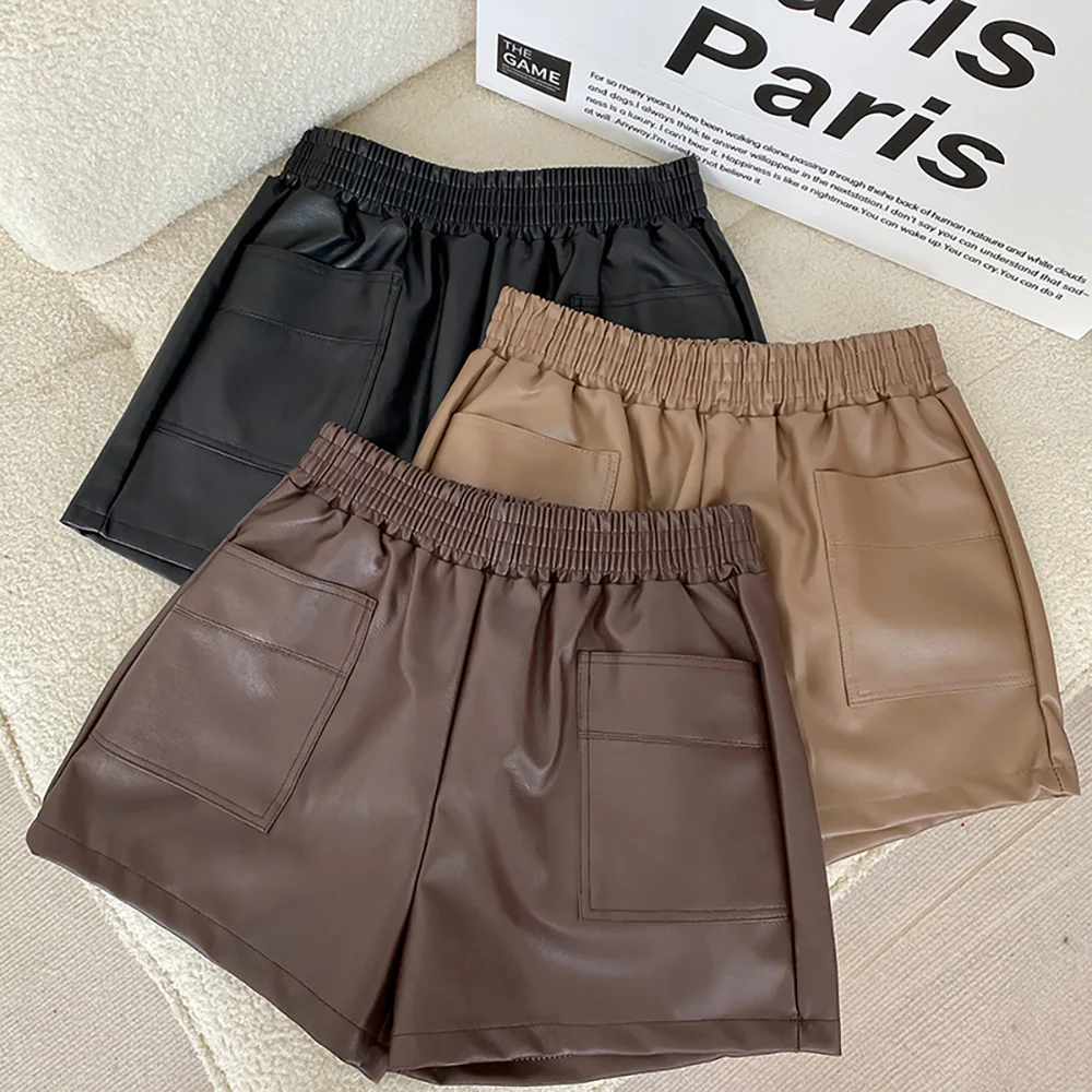 

Korean Style Women Pu Leather Short Pants Autumn Winter Elastic High Waist Loose Wide Leg Pants Female Streetwear Shorts