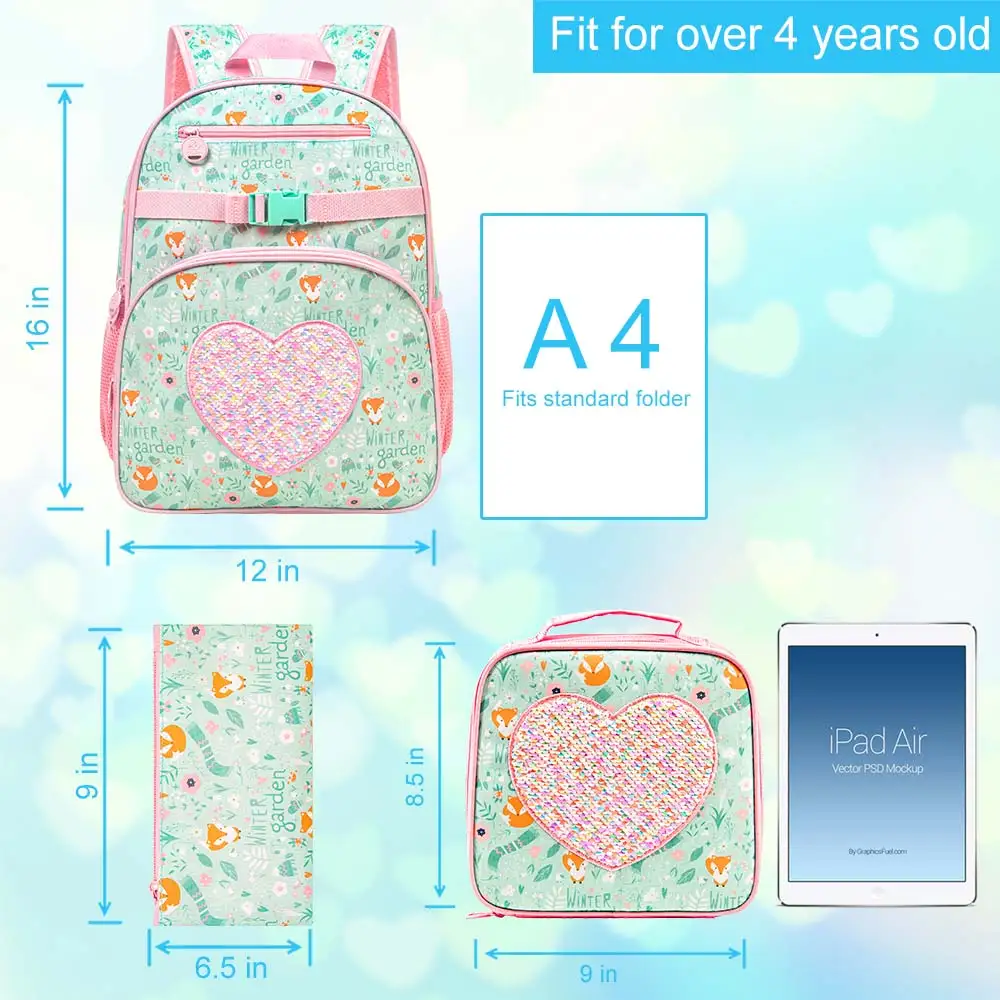 3PCS Kids Backpack for Girls, 16” Preschool Bookbag with Lunch Box, Cute Girl Sequin Backpacks for Elementary School