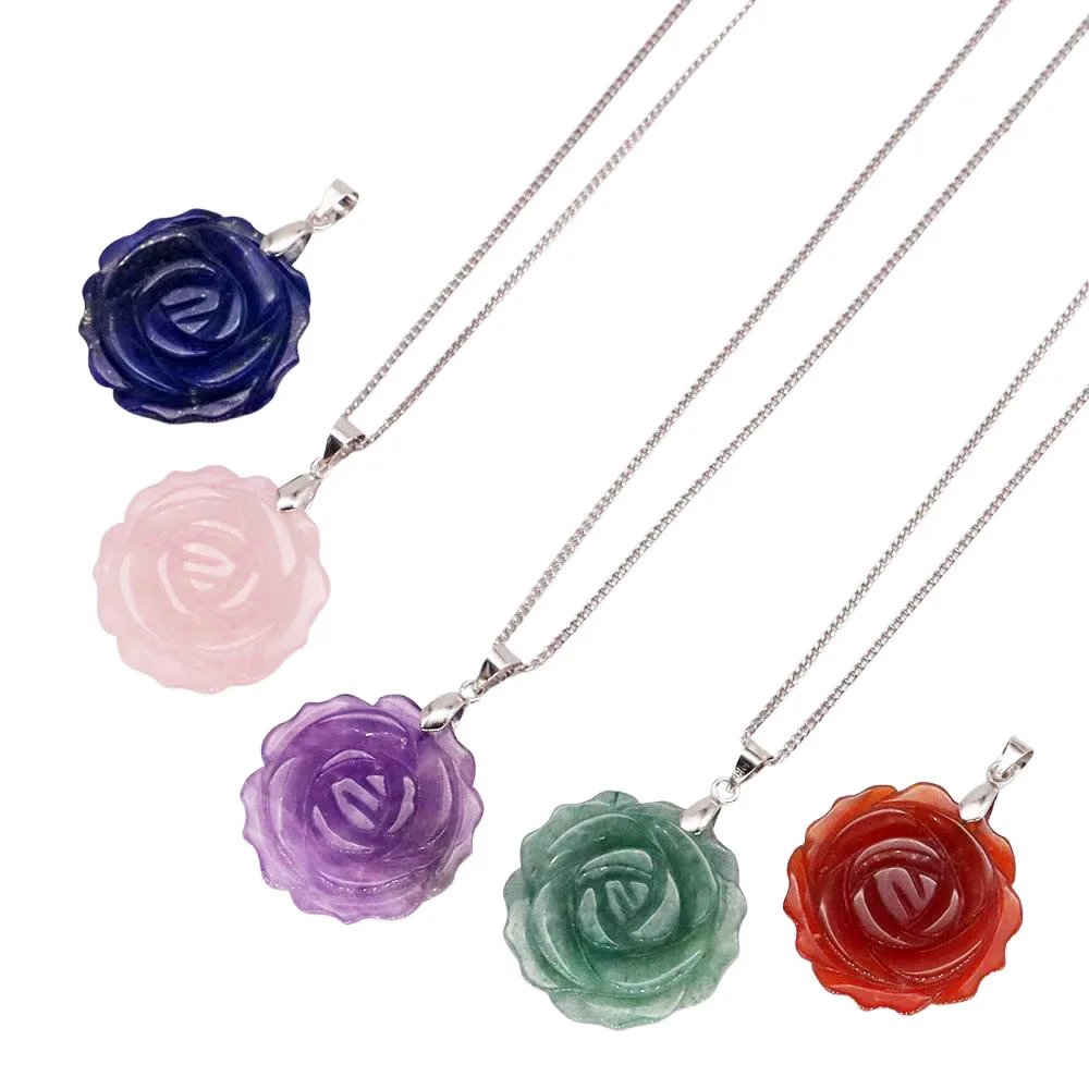 Natural Gemstone Carved Rose Flower Stone Pendant Amethyst Healing Crystal Necklace DIY Jewelry Bead Charm Women Valentine Gift