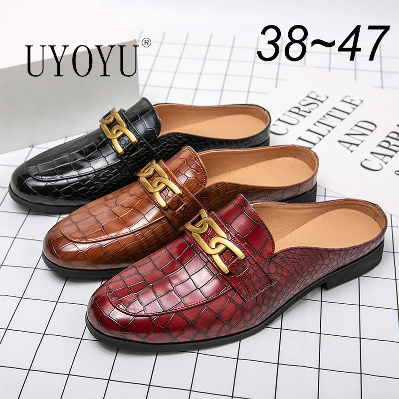 100% Genuine Leather Black Men's Half Summer Shoe For Men Mules Casual Designer Shoes Fashion Loafers Luxury Brown Slippers 2023