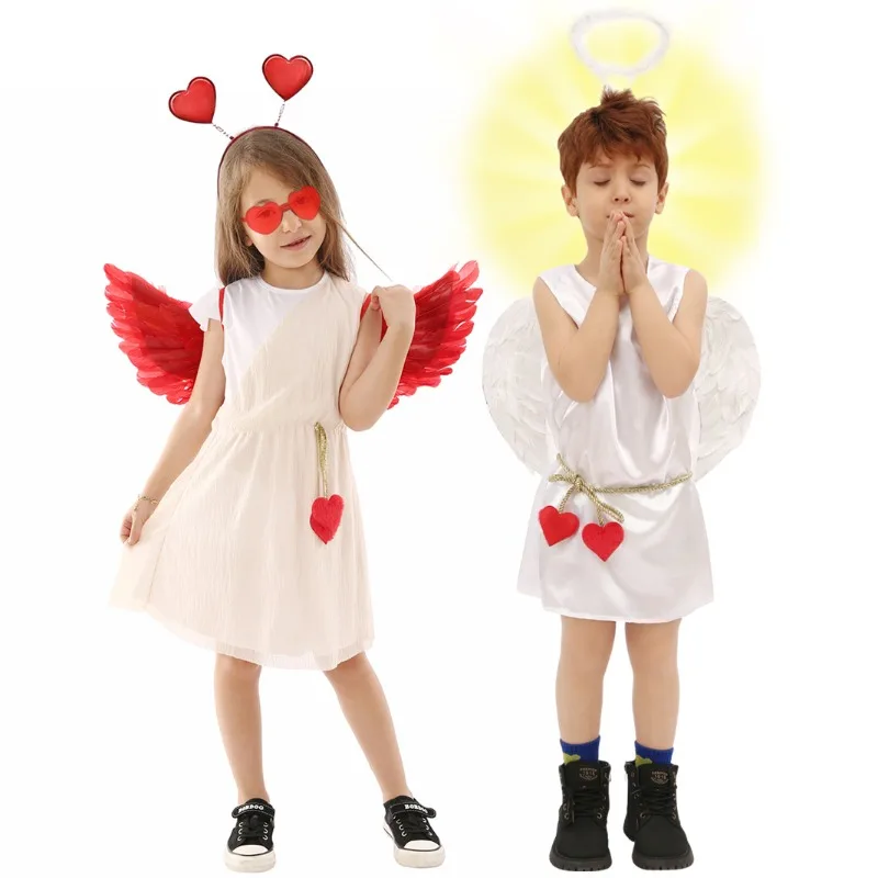 

Cupid Cosplay Love Angel Costume White Dress with Wing School Stage Performance for Boys Girls Role Play Outfit Theme Party