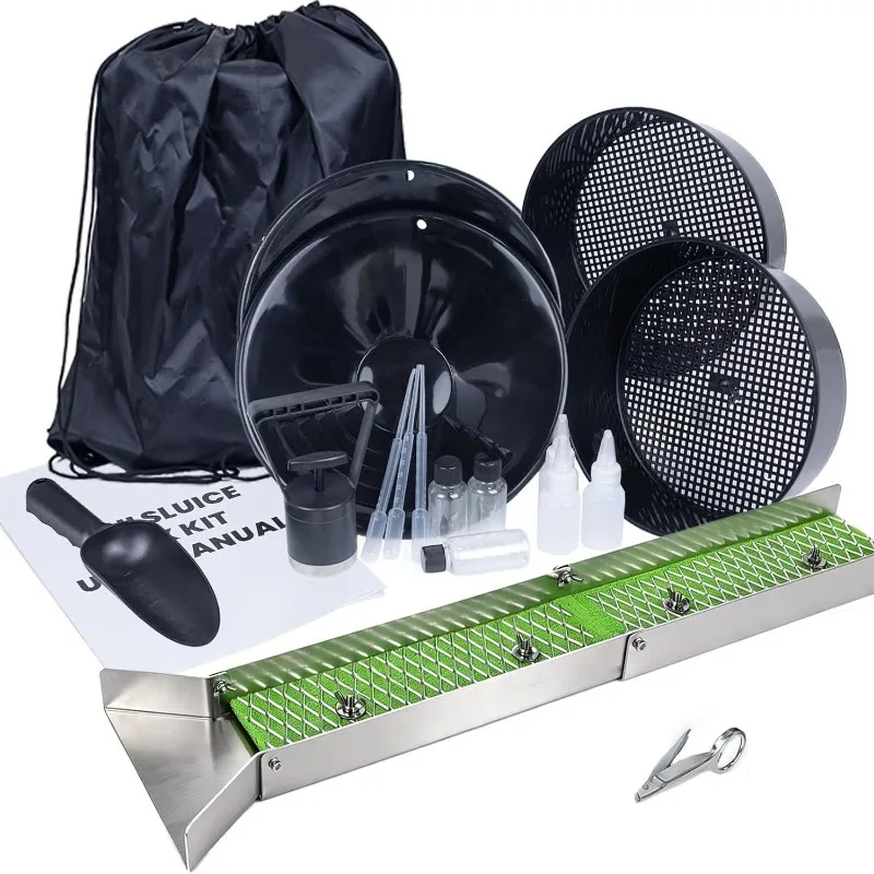Non-Powered Gold Sluice Box with Rubber Mat, Portable Gold Prospecting Tool for River Mining