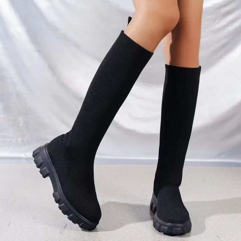 Casual Stretch Sock Boots Winter Fashion Knitted Knee High Women\'s Boots Thick Bottom Round Toe Long Boot Slim Shoes for Women