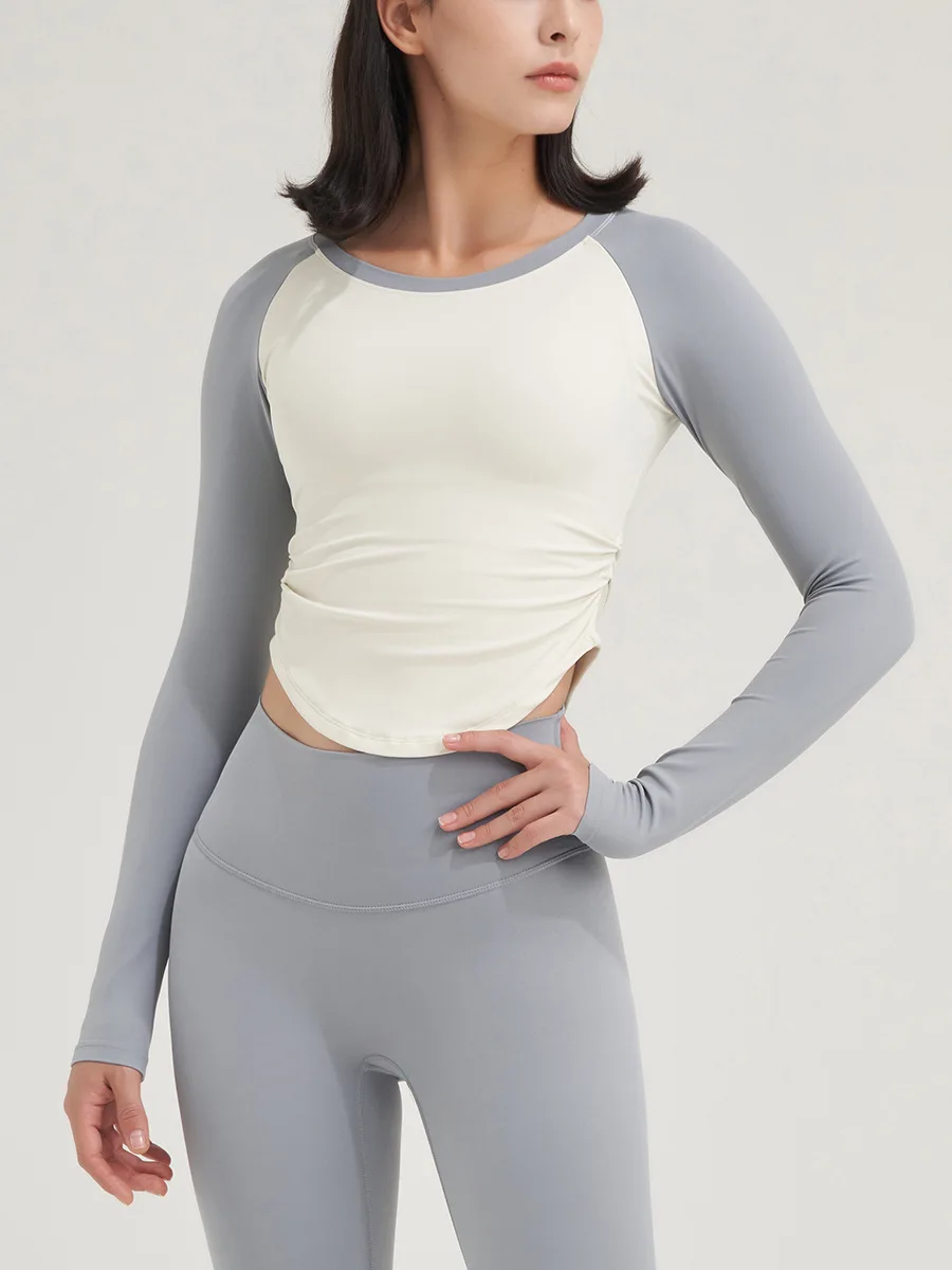 Autumn Winter Quick-dry Women Splicing Color Yoga Long Sleeves Tops Side Wrinkle Close-fitting T-shirt Gym Fitness Workout Tops