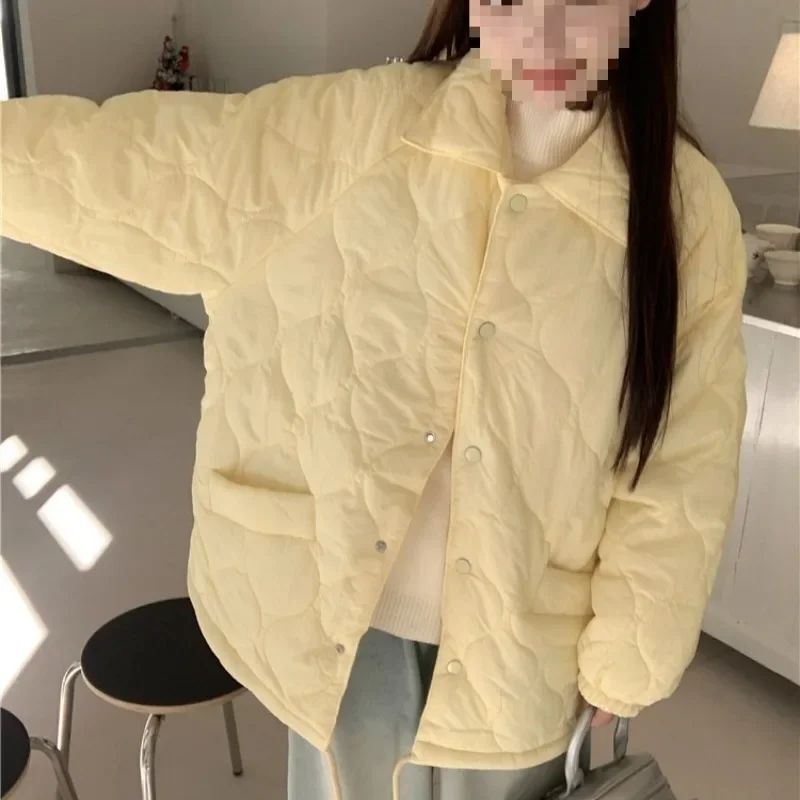 

Женская свободная теплая куртка большого размера с хлопковой подкладкой, желтое пальто с лацканами на пуговицах, женское пальто с карманами и шнурком с длинными рукавами