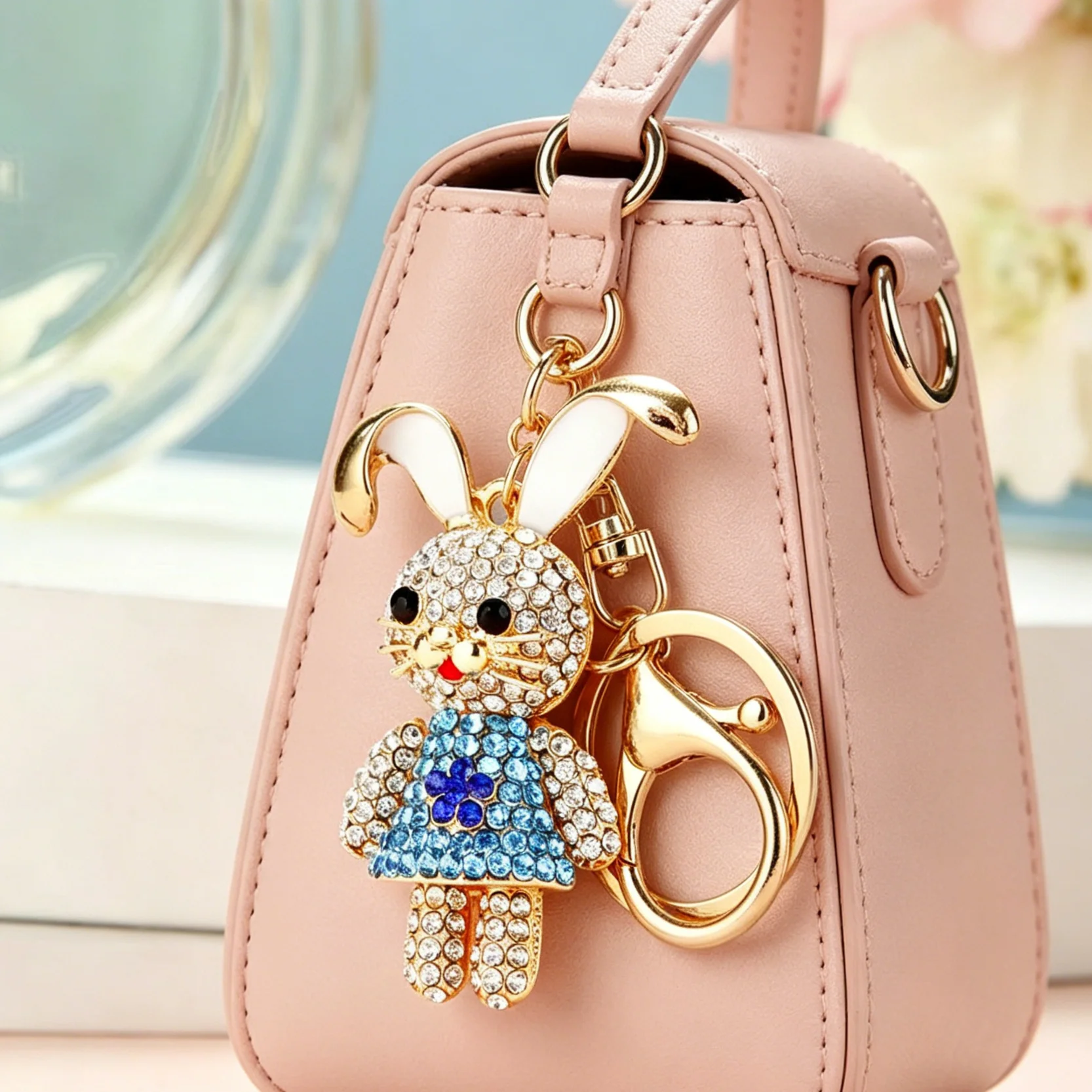 Luxuriöser Metall-Strass-Schlüsselanhänger mit Weißem Kaninchen, Auto-Anhänger, Kaninchen-Rucksack-Schlüsselkette – Detail 1