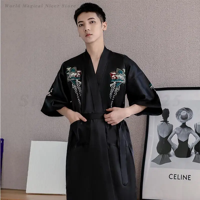 

Men's Kimono Bathrobe Spring Summer Satin Sleepwear Loose Comfortable Male Nightwear Home Clothes Mid Length Casual Robe Pajama