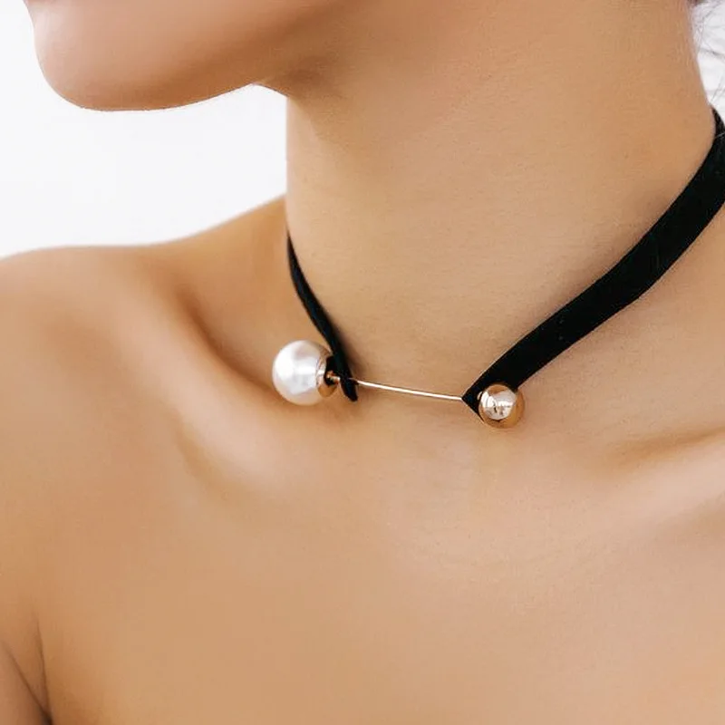 Ornament Hong Kong Style Concave Shape Fashion Sweet Velvet Collar Simple Personality Word Imitation Pearl Necklace