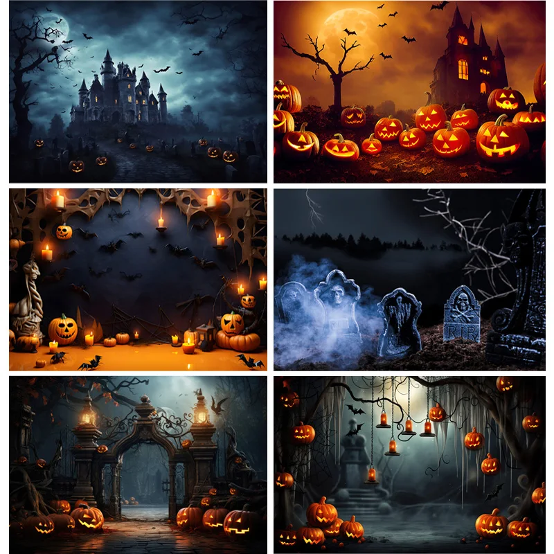 

Halloween Backdrop Full Moon Scary House Night Castle Graveyard Forest Bats Pumpkin Lantern Spooky Photography Background SJ-2