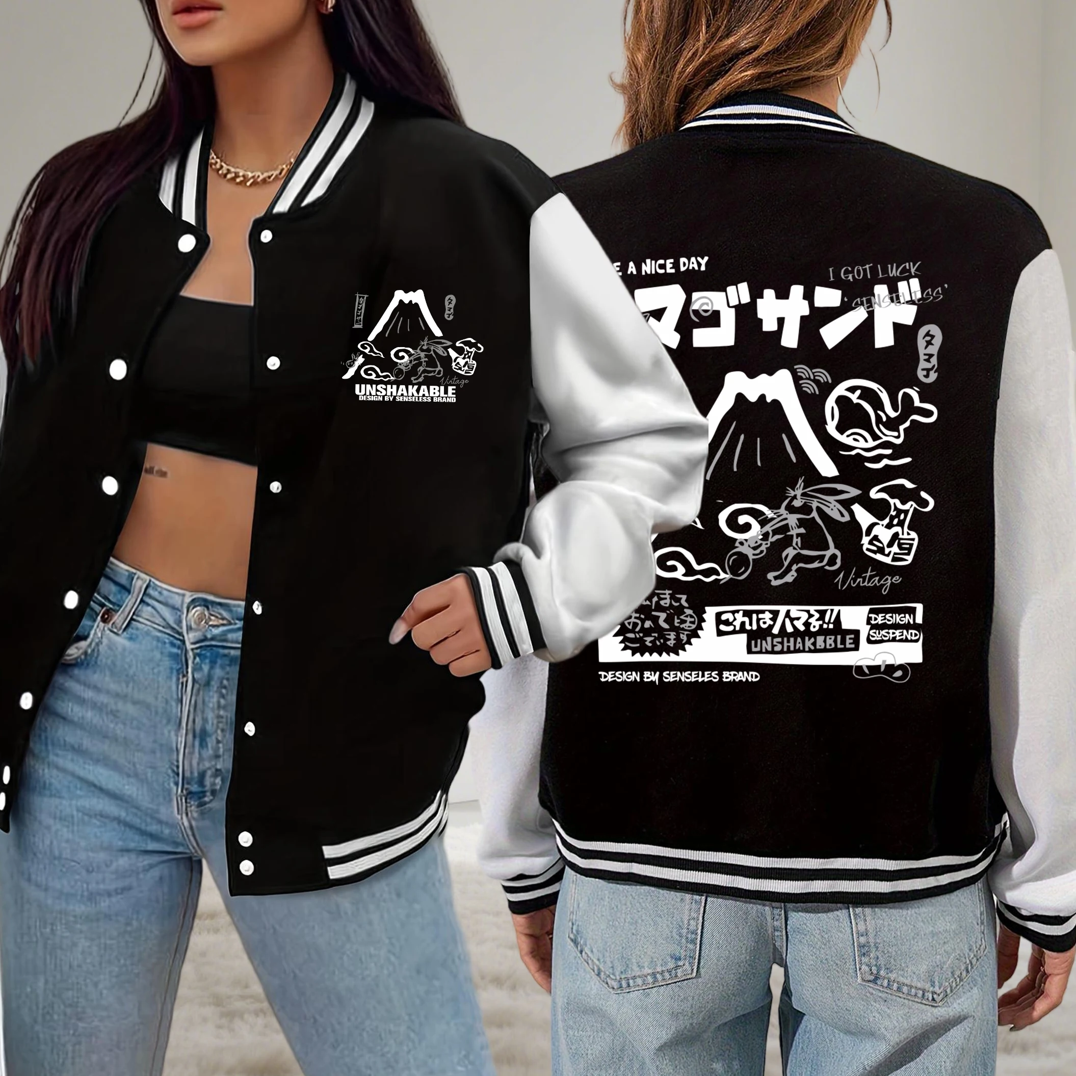 

Volcano Rabbit American Harajuku Cartoon Design Baseball Uniform Women Oversize Casual Streetwear Autumn Fleece Jackets Soft Top
