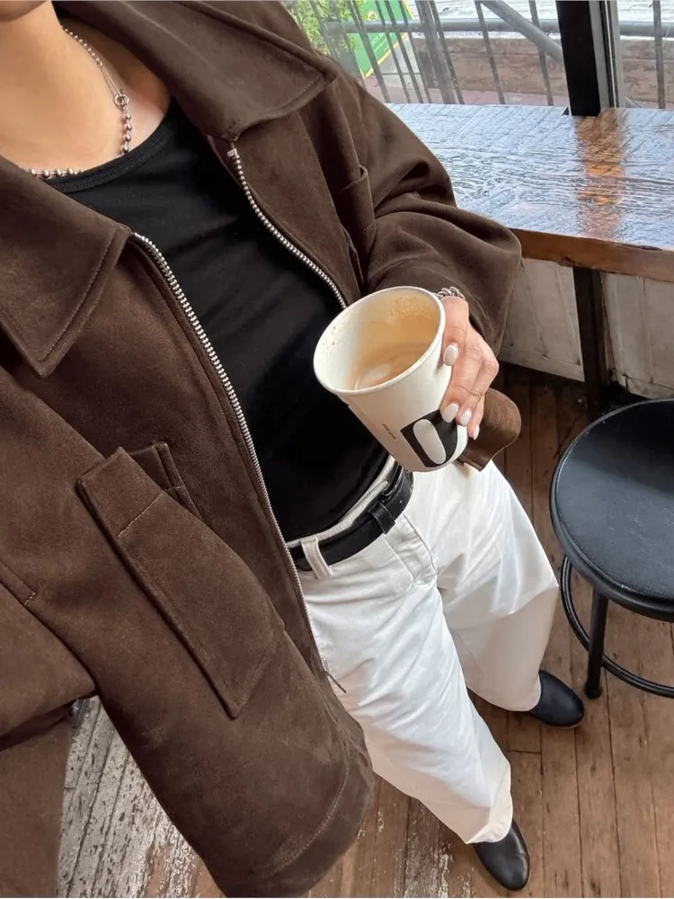 Retro Suede Short Jacket Women Autumn 2025 New Fashion Loose Casual Turn Down Collar Zipper Outerwear Street Chic Office Coat