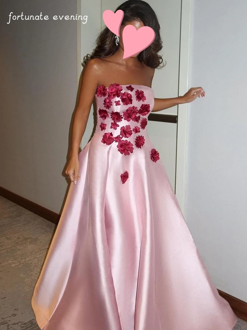 

Fortunate Evening Elegant Vintage Sweet Pink Red Flowers Beading Strapless Formal Occasion Prom Dress Evening Party Gowns