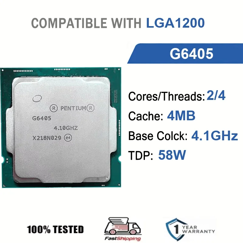 Intel Pentium G6405 2 Kerne 4 Threads 4,1GHz 58W 4MB Cache 14nm Comet Lake-S DDR4-2933 MHz SRJ4G LGA1200 UHD Graphics 630