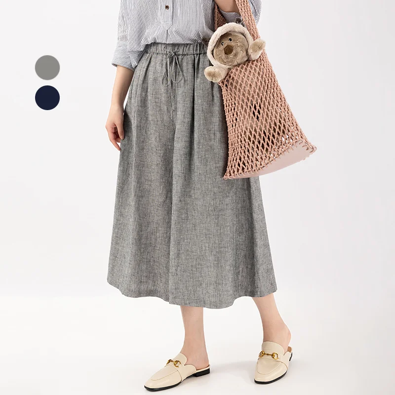 Linen Wide-leg Pants Women Summer Cropped Pants Culottes Simple High Quality All-match Loose Fit Commuting Trousers Grey Capris