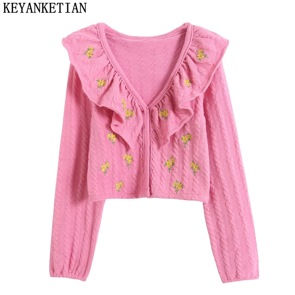 

KEYANKETIAN Ladies Sweet Embroidered Knitwear Spring Autumn Women's Eight Strand Braided Ruffle Trim Breasted Short Cardigan