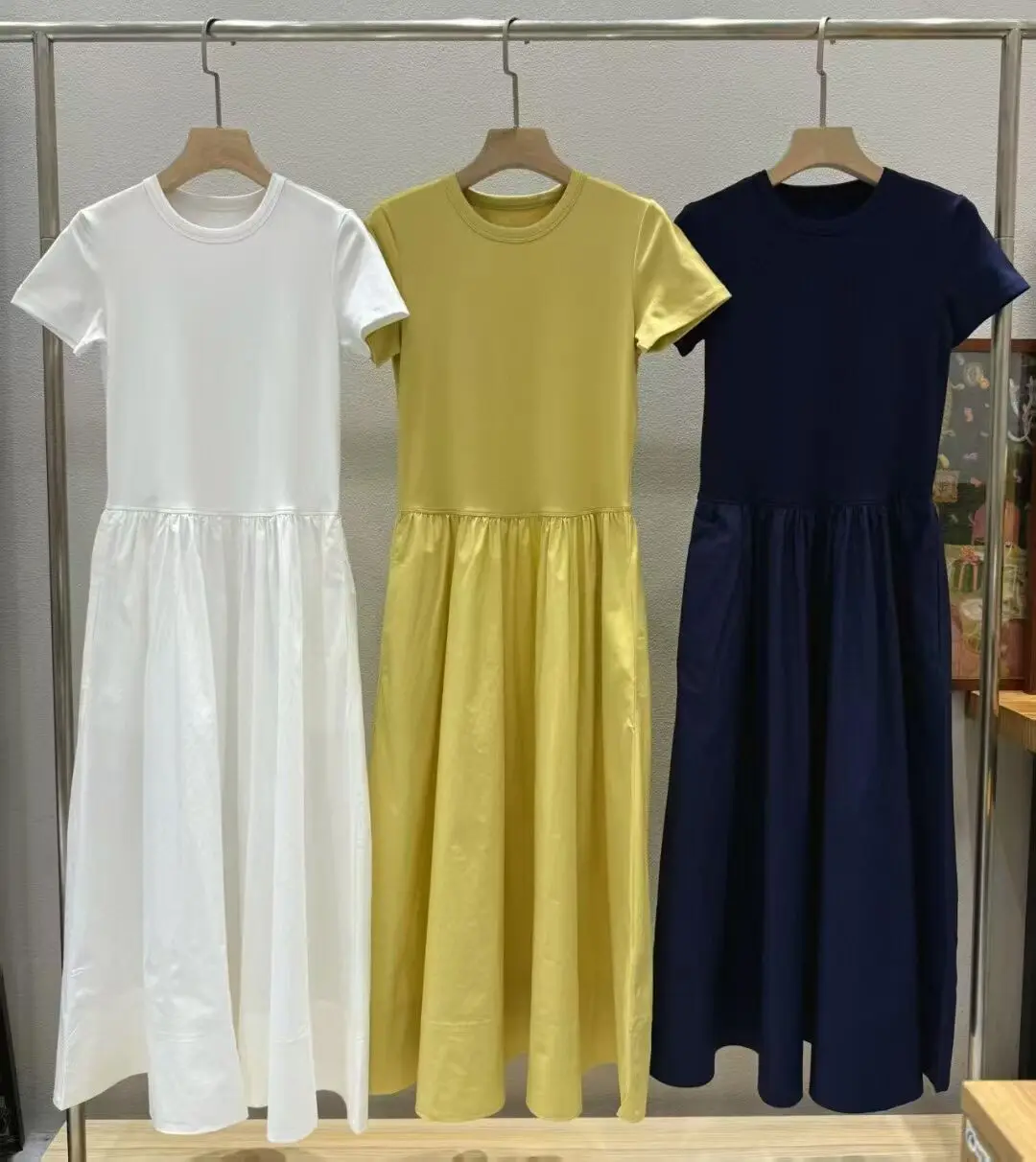 

One Piece Dress 2025 Summer Style Lady TShirt Pocket Patchwork Short Sleeve Mid-Calf White Yellow Dark Blue A-Line Casual Dress