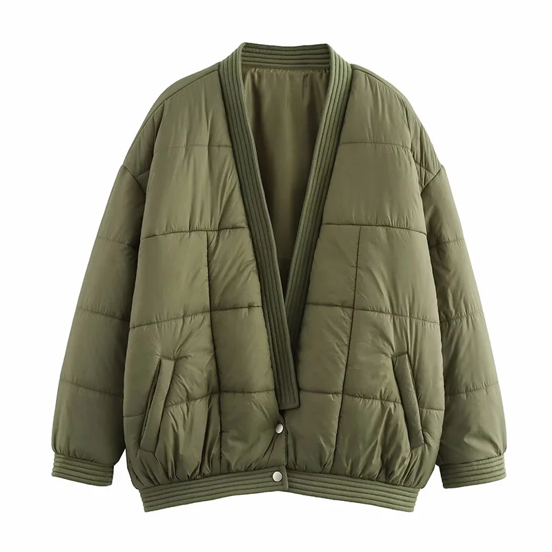 

Cotton-padded Women Jacket Thickened Solid Loose Warm Winter Coat Female Outwear Jacket Fashion V-Neck Tops Topcoat Green