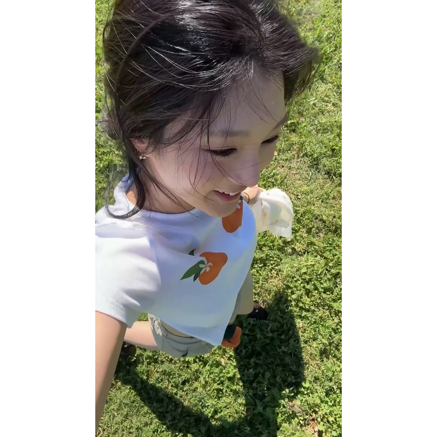 Slim Fit Short Sleeve T-Shirt Sakura Model White Korean Style Girl Cute Orange Print Summer Top Fashionable Cotton Blend Tee