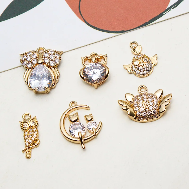 1pcs Copper Gold Plated Micro Inlay Zircon Swan Owl Necklace Pendant Diy Jewelry Earrings Accessories Materials Handmade Charms