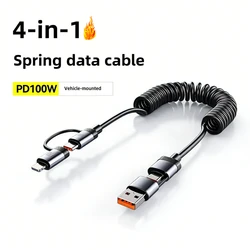 100W Spring Data Cable USB Type C For iPhone 16 Huawei Samsung 6A Extendable Four-In-One Retractable USB C Fast Charging Cord
