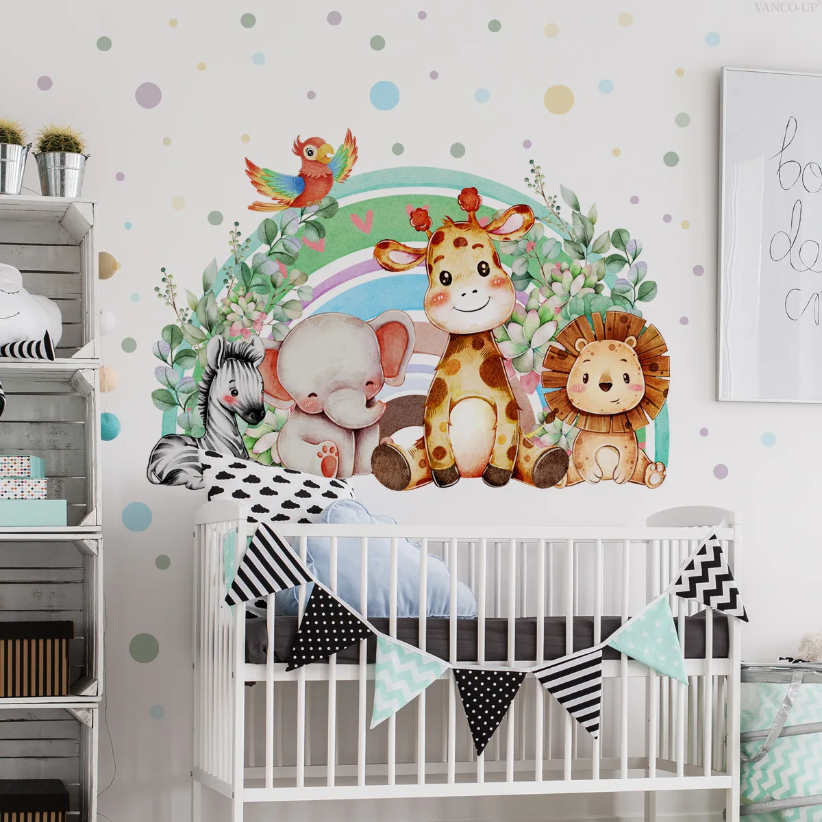 

Rainbow Animal Safari Wall Decals - Cartoon Giraffe, Zebra & Lion Stickers for Vibrant Home & Shop Decor"
