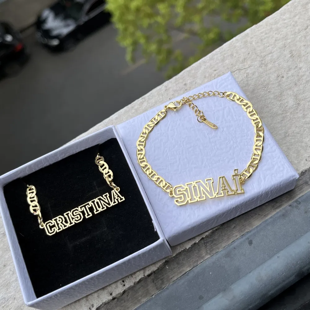 DUOYING-collar hueco con nombre personalizado, pulsera de letras doradas de Hip-Hop con cadena de Clip plano, conjunto de joyería de acero inoxidable