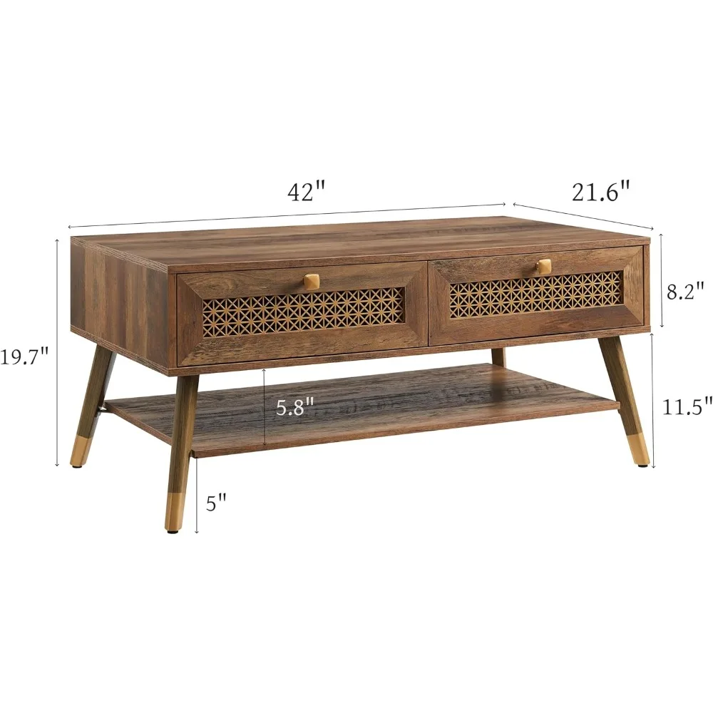 Wooden Mid Century Modern Coffee Table, Retangle Coffee Table with Two Drawers for Living Room, Rustic Oak