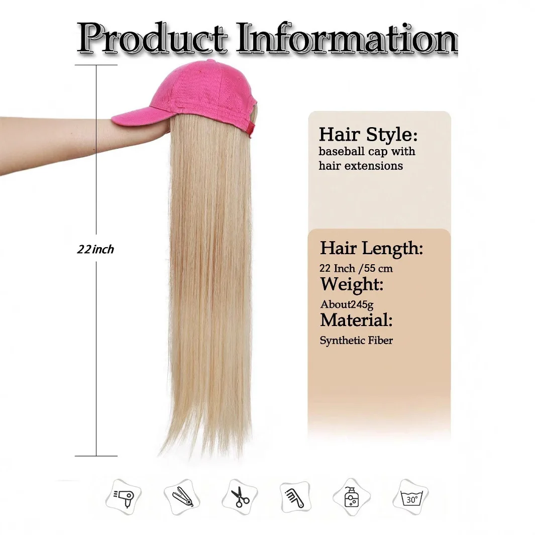 Baseball Cap with Hair Extensions Synthetic 22inch Straight Hairstyle Adjustable Wig Hat Attached Hairpiece for Woman Girl image 4