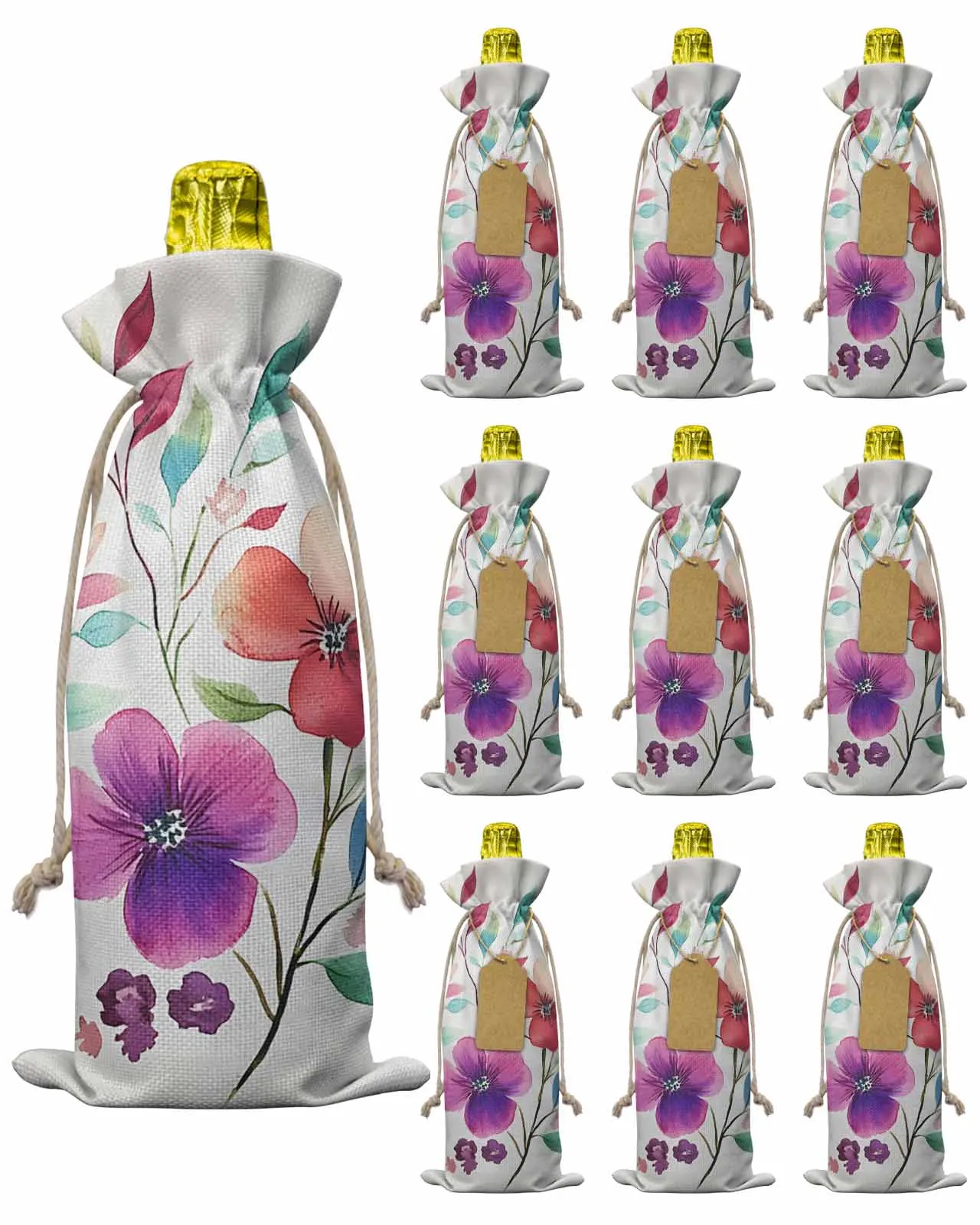 

10pcs Wine Bottle Covers Watercolor Colorful Flower Wine Holder Carrier Packaging Bag Wedding Party Decor Gift
