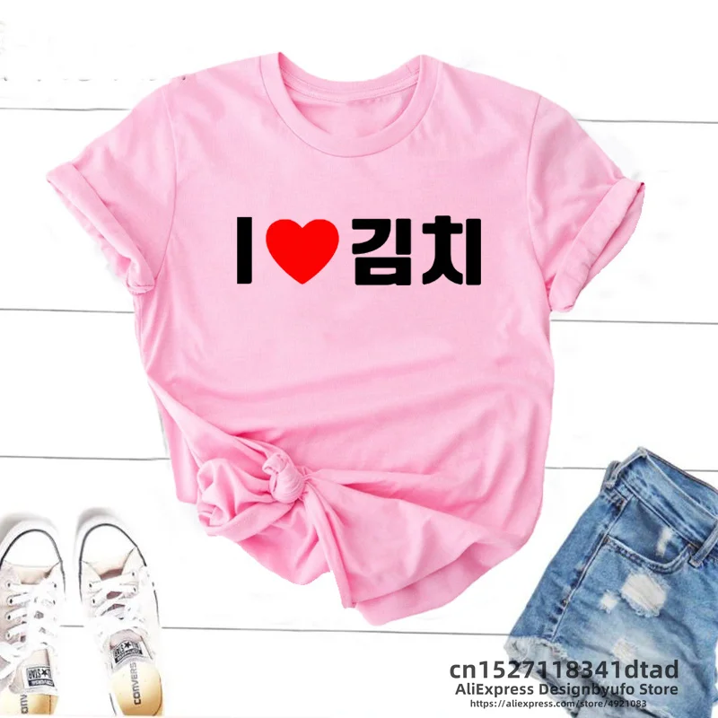 Korean Food T Shirt Women I Love Kimchi Hangul Woman Tshirt Funny Print Short Sleeve Tee Shirt Streetwear Kawaii Clothes