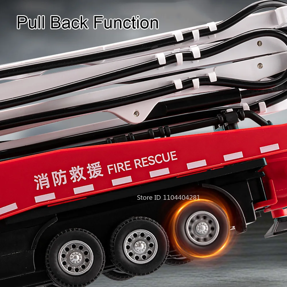 1:32 Pompa di cemento Camion Modello in lega Scaletta Acqua Camion dei pompieri Pressofuso Auto Giocattoli Spruzzo Acqua Luce Musica Tirare indietro Veicoli Regalo per bambini