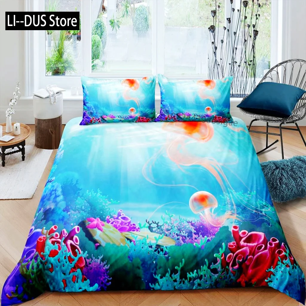 Poszwa na kołdrę Meduza Oceaniczna Morska Poszwa na Kołdrę Hawaje Plaża Zestaw Pościeli Mikrofibra Zwierzęta Morskie Koral Queen King Poszwa na Kołdrę