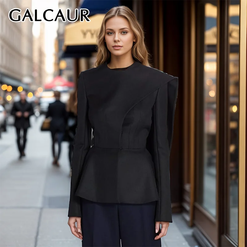 GALCAUR Solid Asymmetrical Elegant Tunic Blazers For Women O Neck Shawl Long Sleeve Spliced Hidden Breasted Coat Female Clothing