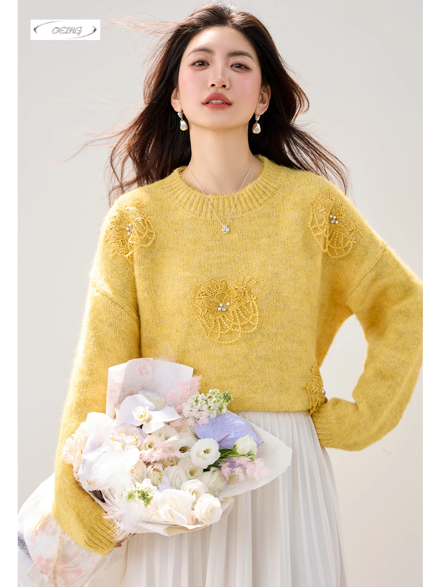 

Women Sweater Beading Patchwork Long Sleeve O-neck Loose Sweet Knitted Pullover Tops Autumn Winter Elegant Basic Knitwear 6091
