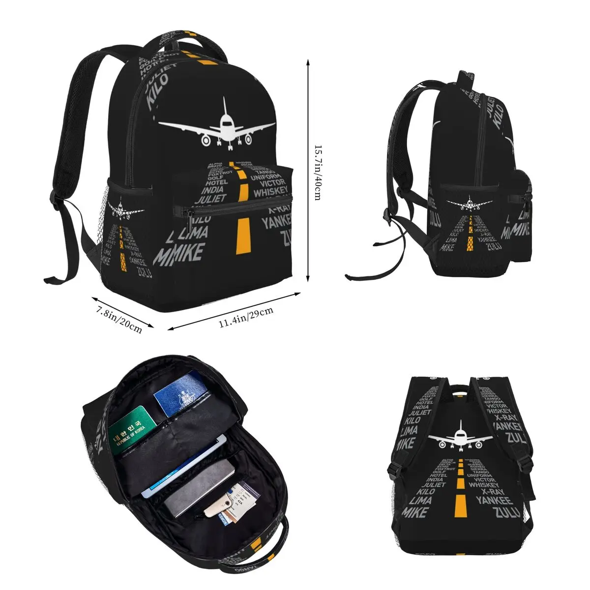 Airplane Pilot Gifts Airport Runway Phonetic Alphabet Plane Backpacks Bookbag Rucksack Lunch Bag Pen Bag Three-Piece Set