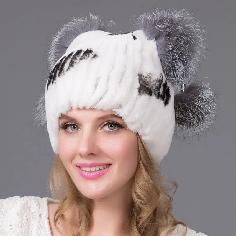 

Rex Rabbit Hair Woven Women's True Fox Fur Hat Thickened Autumn and Winter Warm Women's Knitted Hat