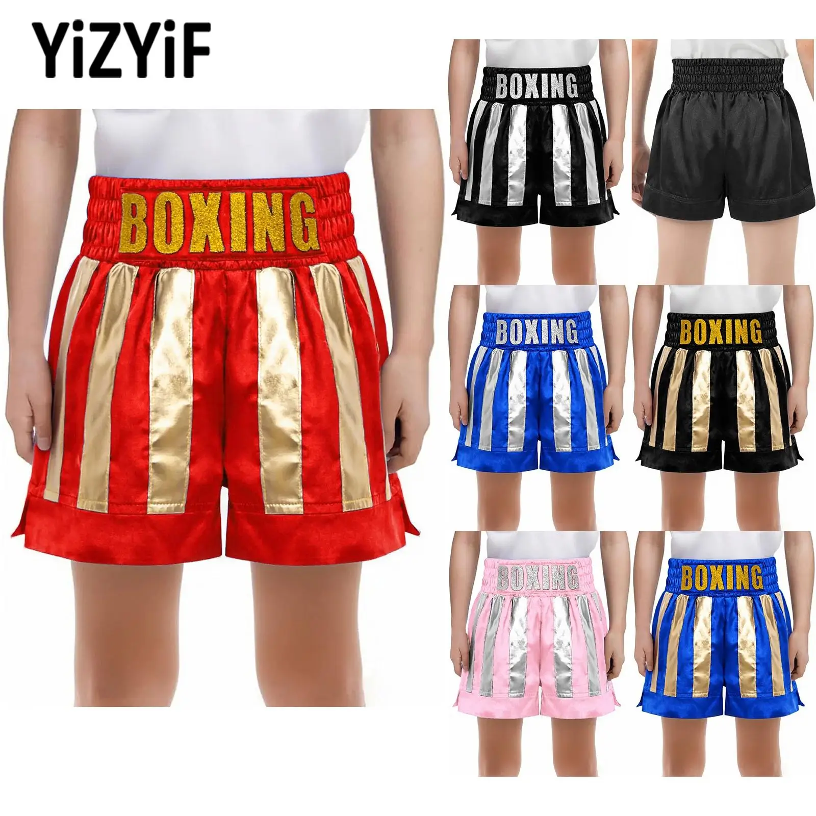 

Детские боксерские шорты для мальчиков, шорты для тайского бокса, эластичный пояс с боковыми разрезами, атласные металлические боксеры, тренировочные шорты, низ, спортивная одежда