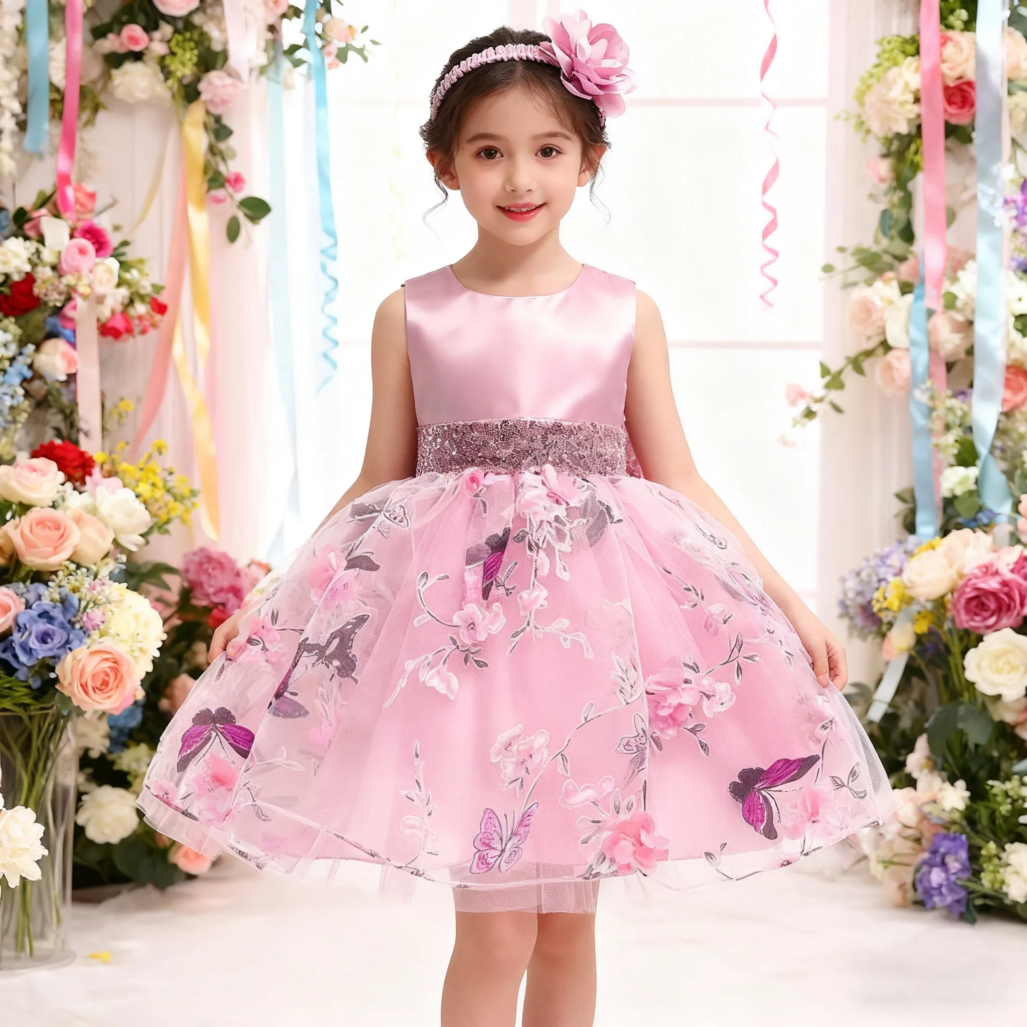 

Kids Weddings Princess Dress For Girls Sequin Bowknot Baby Girls Party Dresses for 1st Birthday Flower Girl Child Evening Dress