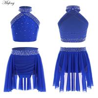 Girls Modern Dance Outfit Sparkly Rhinestones Dance Tops Skirt Set Halter Neck Sleeveless Vest Figure Skating Dresses Dance Wear