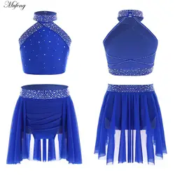 Girls Modern Dance Outfit Sparkly Rhinestones Dance Tops Skirt Set Halter Neck Sleeveless Vest Figure Skating Dresses Dance Wear