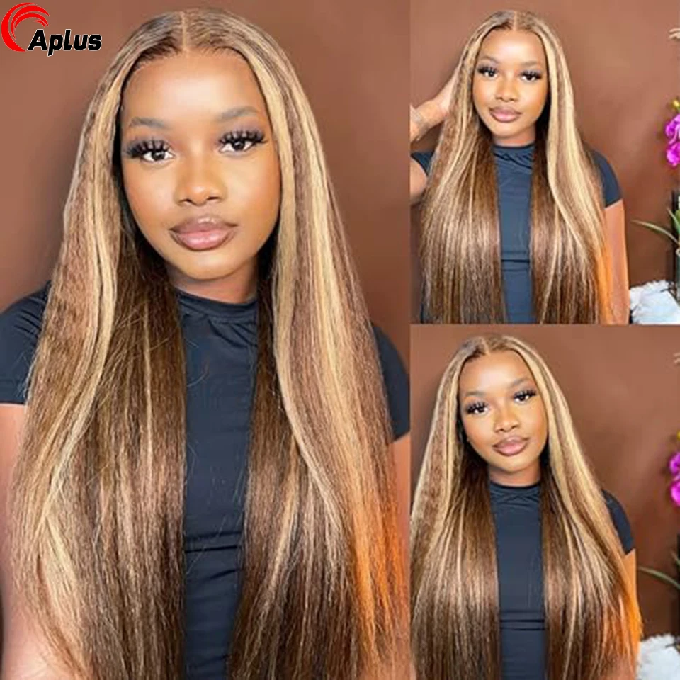 Highlight Kinky Straight Human Hair Wig Brown Blonde 13x6 Glueless Lace Frontal Wigs Highlight 4/27 Yaki Straight HD Lace Front