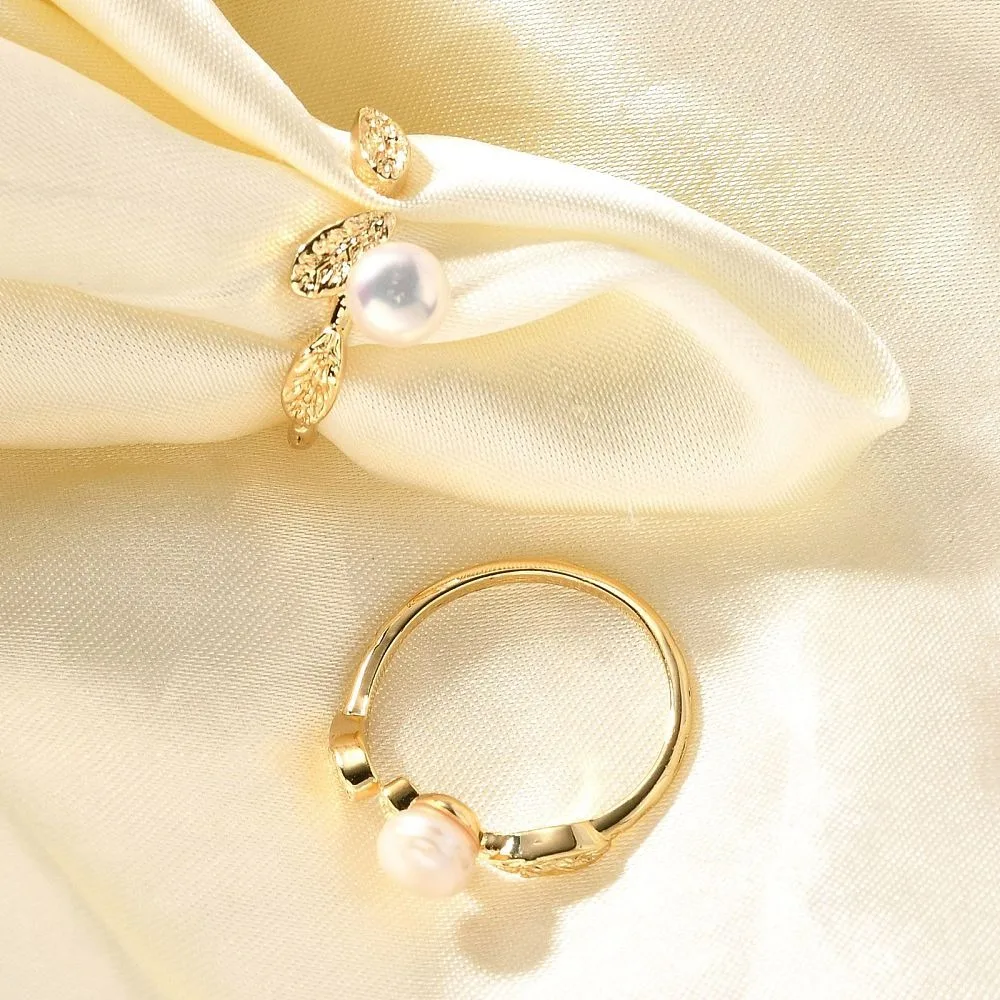 

Round Pearl Finger Rings Leaf Brass Cuff Rings for Women Real 14K Gold Plated Size 7 1/4(17.5mm)