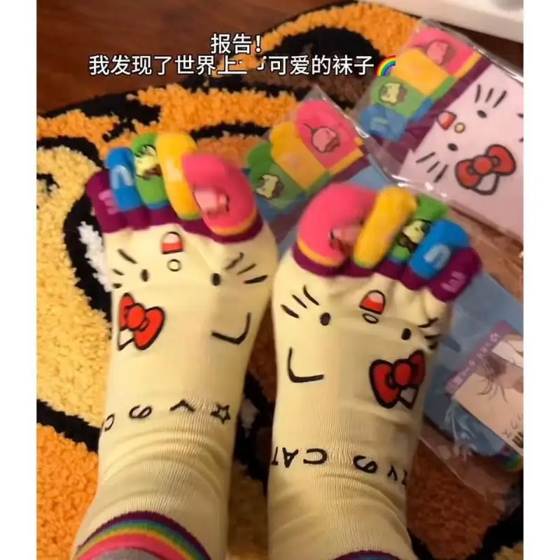 Cartoon Kawaii Hellokitty Five Finger Socks Women's Solid Color Cotton Socks Mid Tube Socks Anti Odor Split Toe Cute Toe Socks