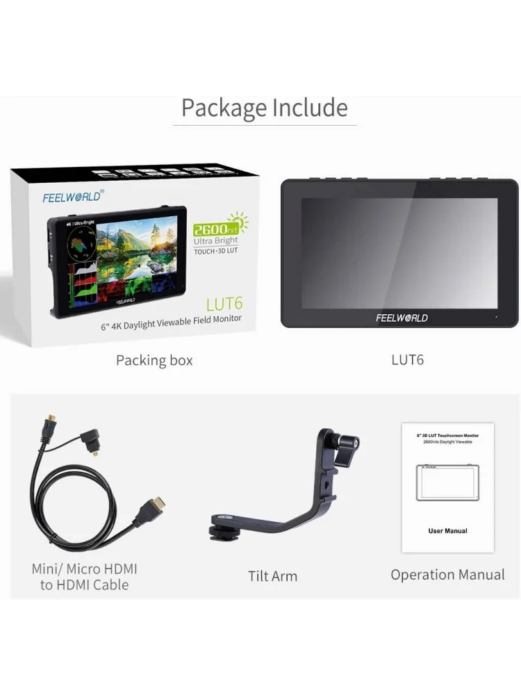 FEELWORLD LUT6 6 Inch 2600nits HDR 3D LUT Touch Screen DSLR Camera Field Monitor with Waveform VectorScope Histogram 4K HDMI view 5