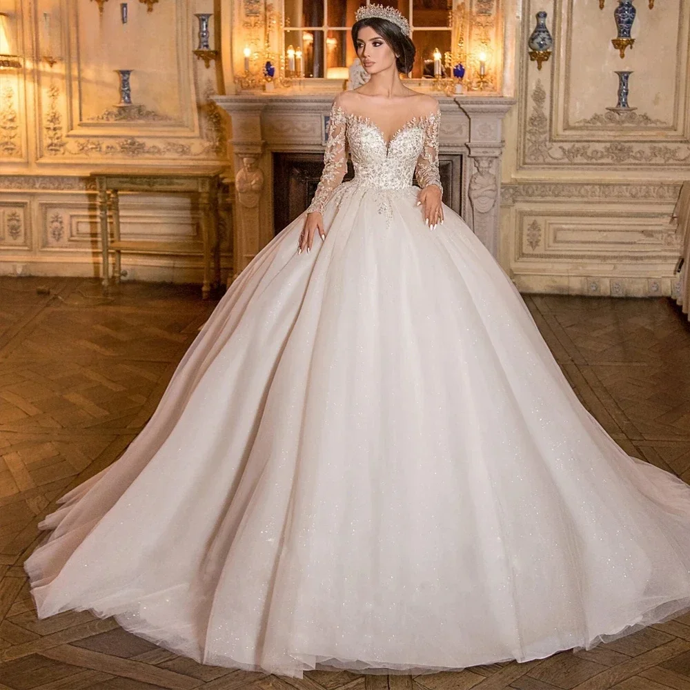 Elegant A-Line Crystal Lace Decal Women's Wedding Dress Sexy V-Neck Long Sleeved Dance Bridal Gown Vestidos De Noiva Customized