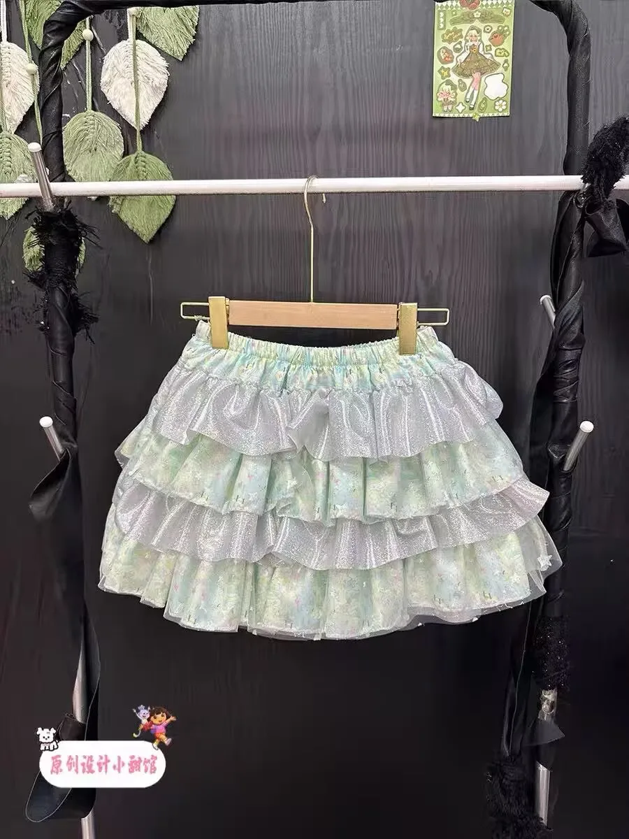 Japanese Lolita Style Mini Skirt Women Sweet Cute Kawaii Print Ruffles Bow Cake Skirt Girls High Waist Y2k Skirts Faldas Mujer