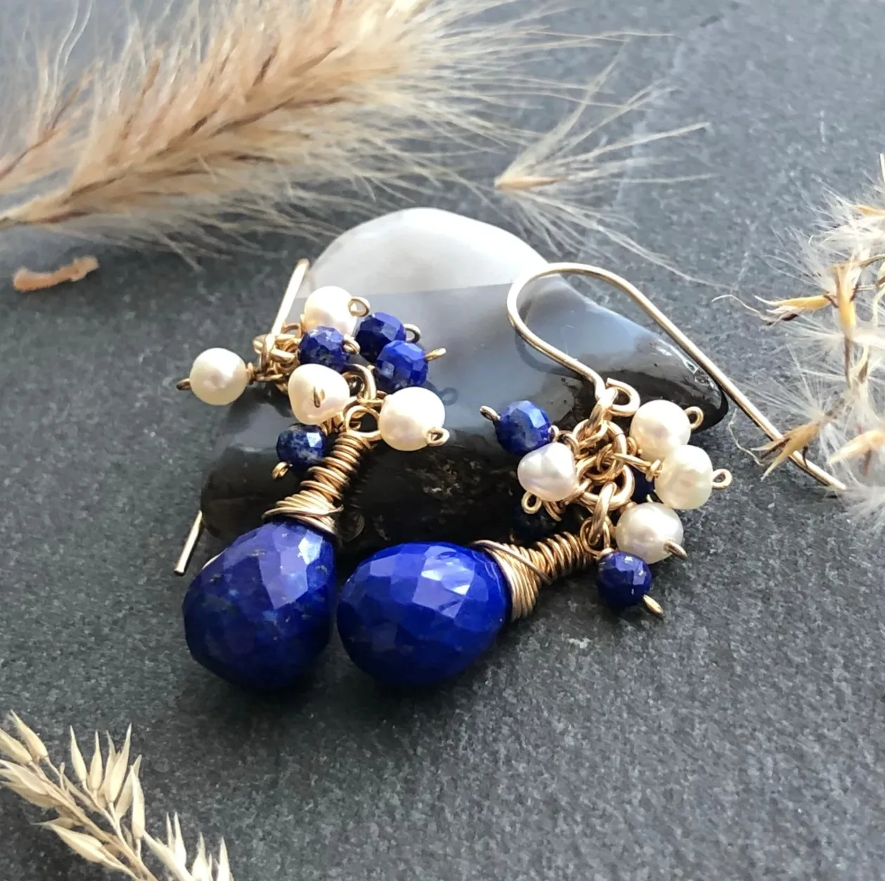 Lapis Pearls Gold Filled Earrings wire wrapped royal blue white gemstones cluster boho dangles  Earrings