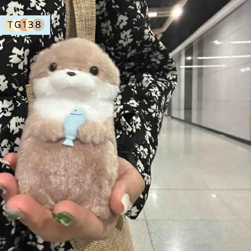【New】Cartoon Cute Otters Holding Fish Plush Doll With Chain Kawaii Keyrings Hanging Pendant Jewelry School Bag Wallet Charms view 2