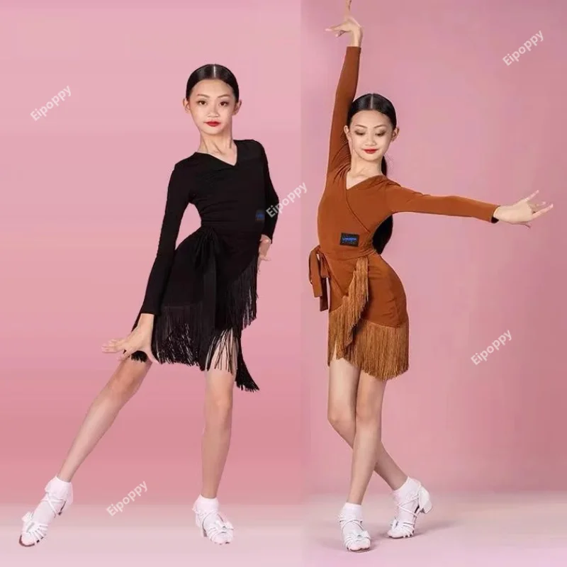 

Kids Cha Cha Tango Ballroom Latin Dance Costume Fringe Skirt Girls Latin Dance Dress Girls Stage Performance Competition Costume