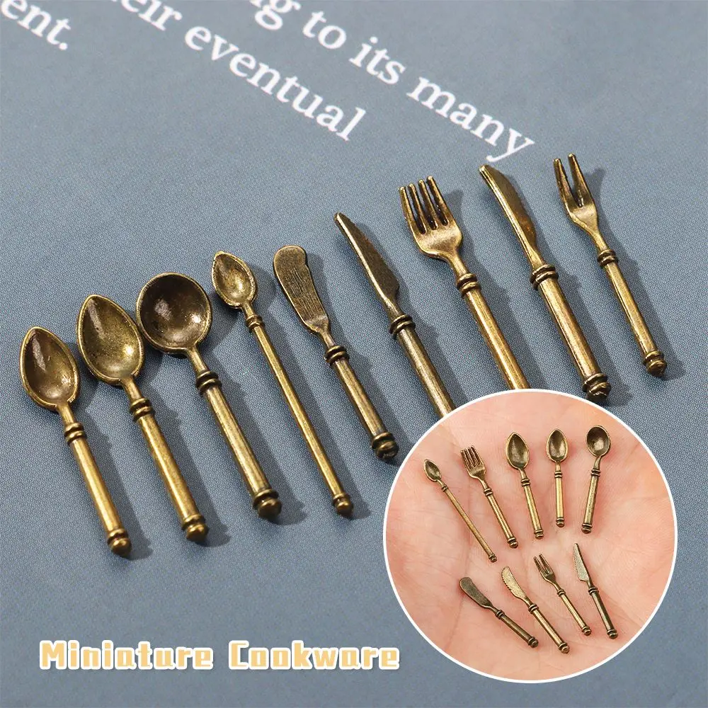 9PCS Gold Silver Fork Knife Spoon Miniature Cookware 1:6/1:12 Scale Dollhouse Furniture Simulation Mini Doll Accessories